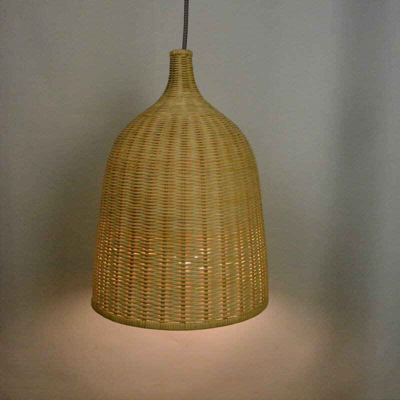 Vintage wicker and steel pendant lamp, Denmark 1970s