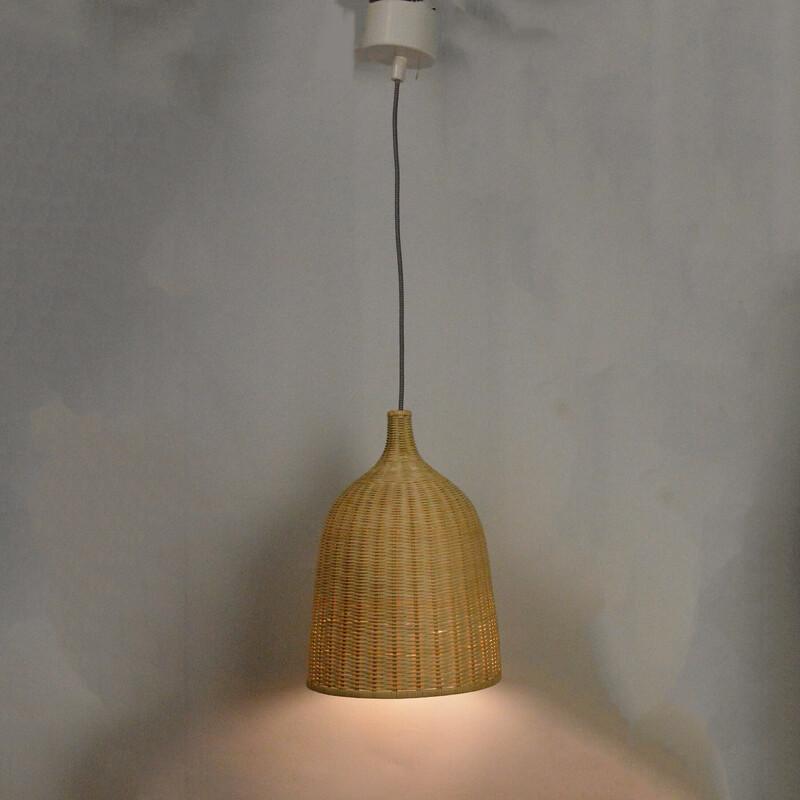 Lámpara colgante vintage de mimbre y acero, Dinamarca años 70