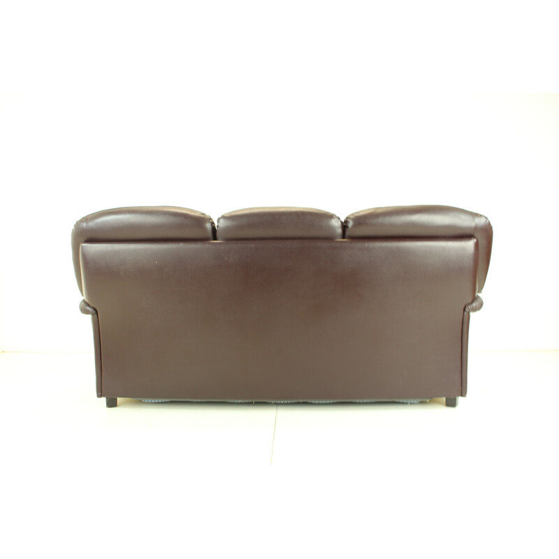 Vintage three-seat leather sofa, Czechoslovakia 1970s