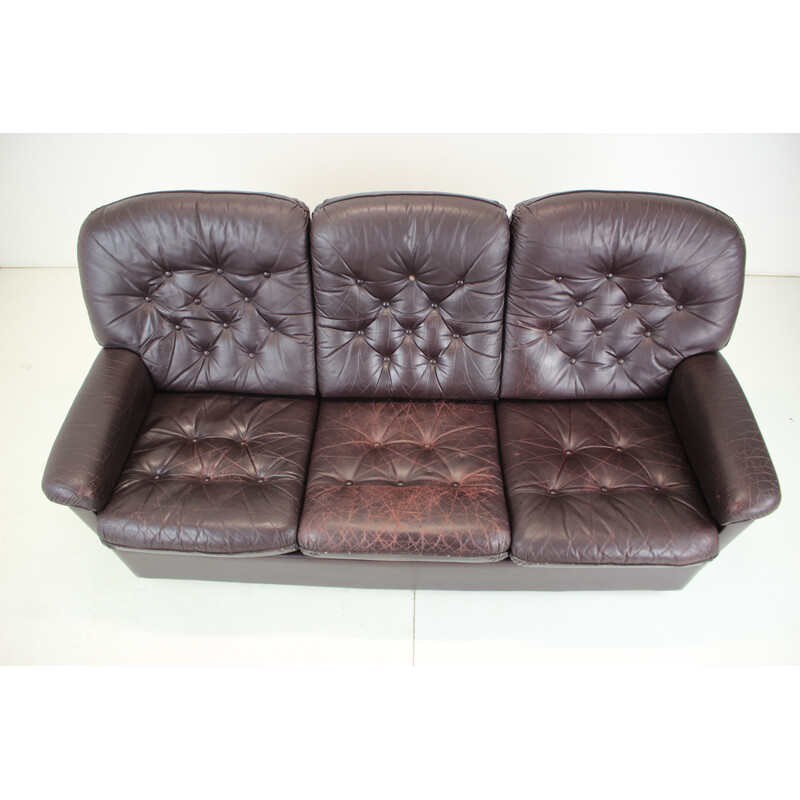 Vintage three-seat leather sofa, Czechoslovakia 1970s