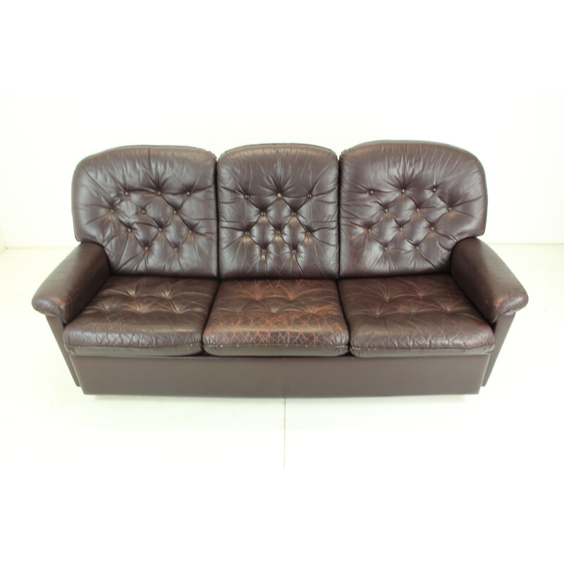 Vintage three-seat leather sofa, Czechoslovakia 1970s