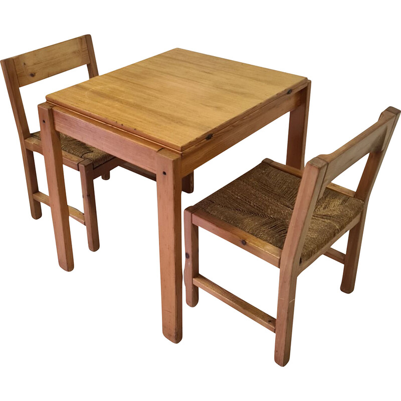 Vintage dining set in solid pine and rope, Sweden 1960s