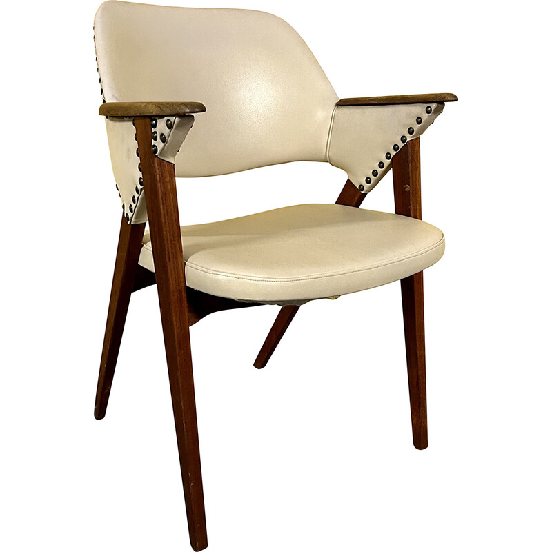 Vintage teak and cream leather armchair, Denmark 1960s