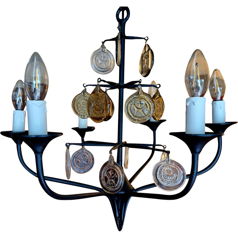 Vintage Scandinavian metal and glass chandelier by Erik Höglund and Boda Glasburk for Holm Sorensen, Denmark 1960s