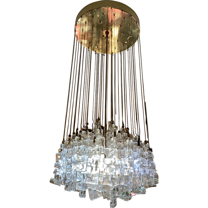 Vintage waterfall chandelier in Murano glass and gilded brass by Carlo Nason for Mazzega, Italy 1970s