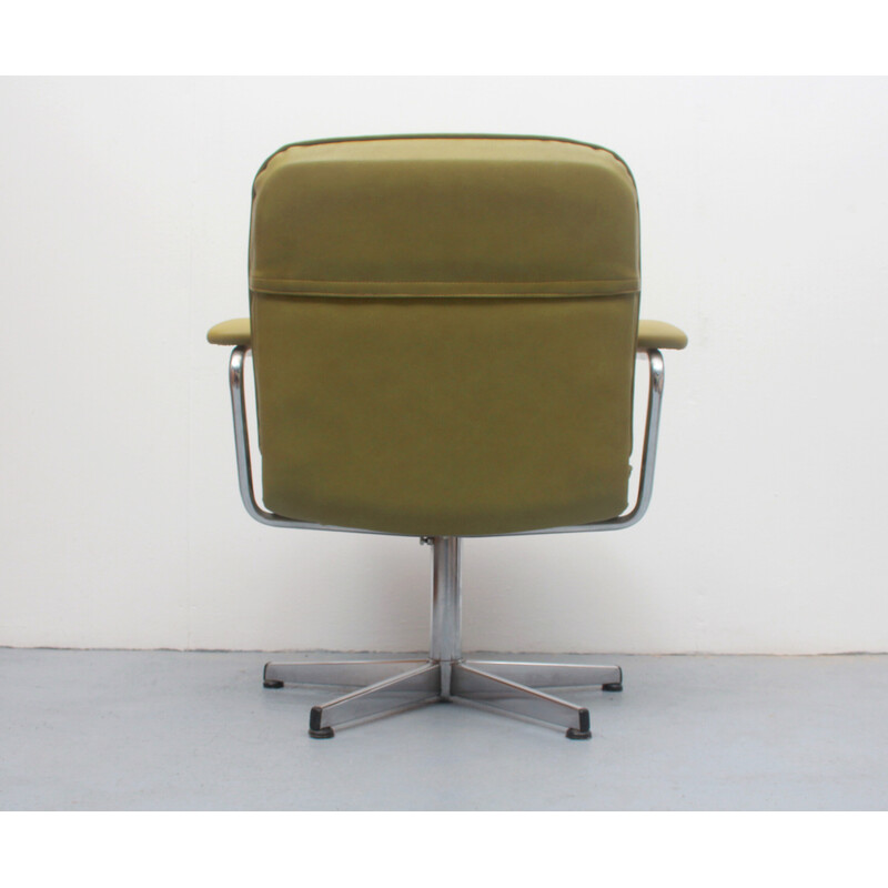 Vintage swivel chair in olive green leather and chrome, 1970s