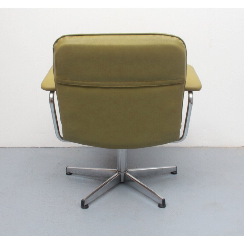 Vintage swivel chair in olive green leather and chrome, 1970s