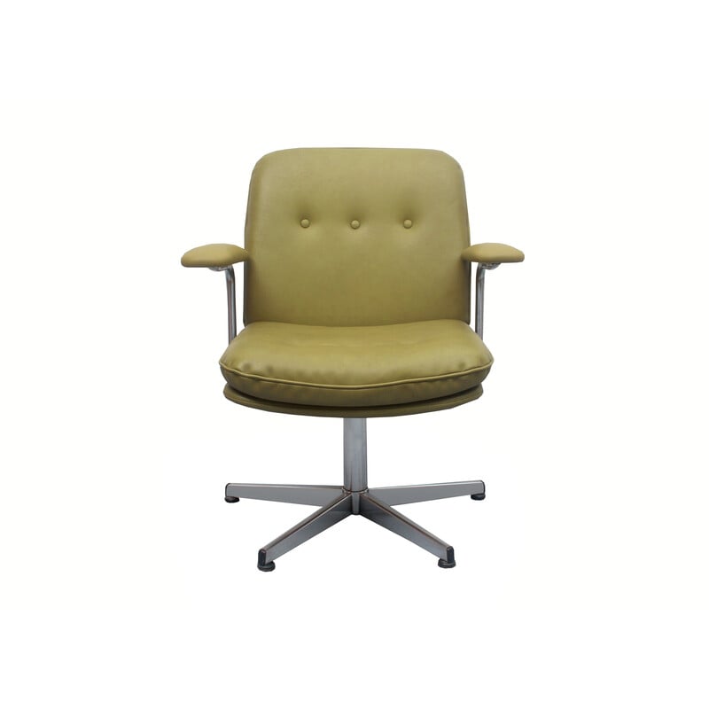 Vintage swivel chair in olive green leather and chrome, 1970s