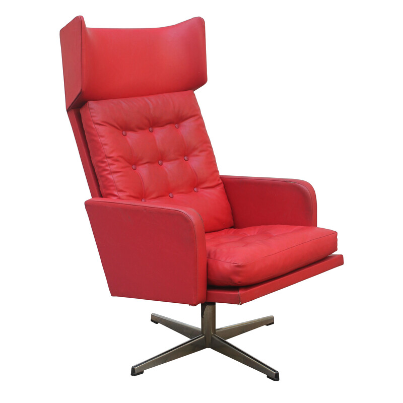 Vintage swivel armchair in red leather and steel, Czechoslovakia 1970s