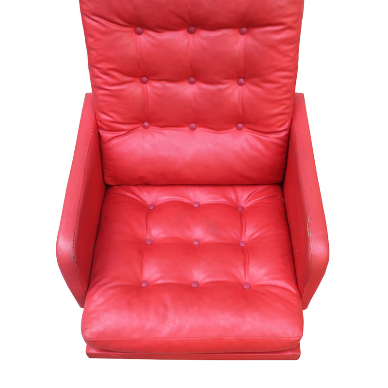 Vintage draaifauteuil in rood leer en staal, Tsjecho-Slowakije 1970