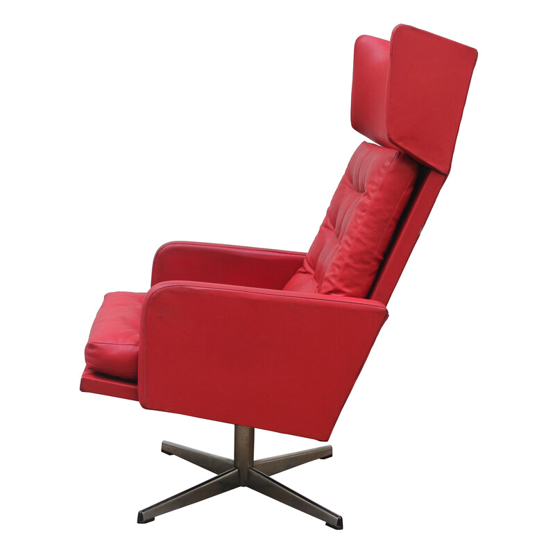 Vintage swivel armchair in red leather and steel, Czechoslovakia 1970s