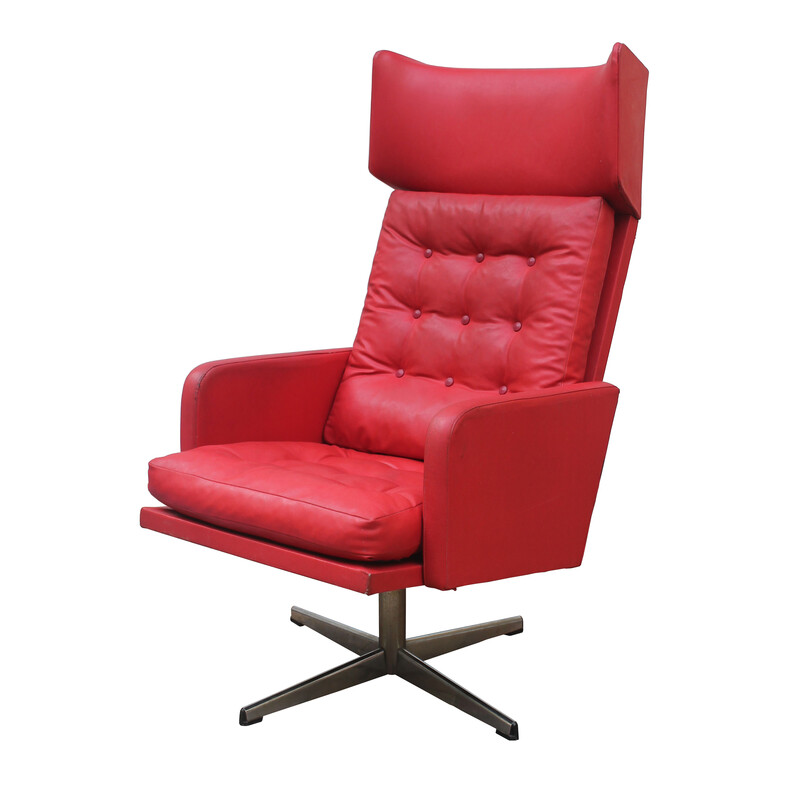 Vintage swivel armchair in red leather and steel, Czechoslovakia 1970s