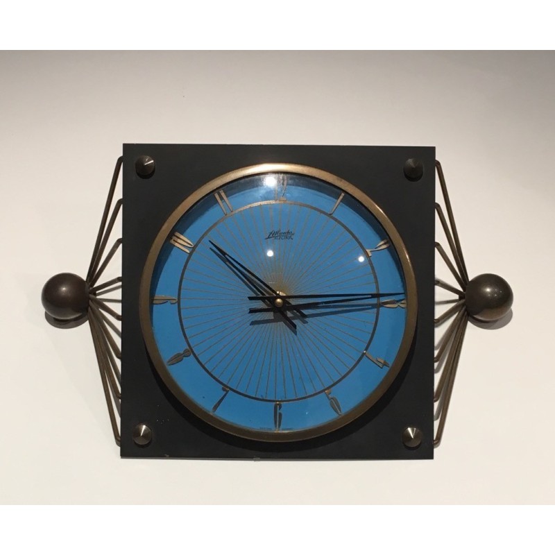 Vintage clock in lacquered metal, glass and brass, 1950s
