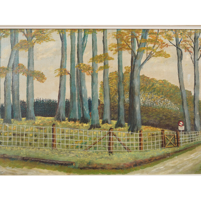 Tableau vintage scandinave "La route de la forêt" avec cadre en bois, 1960