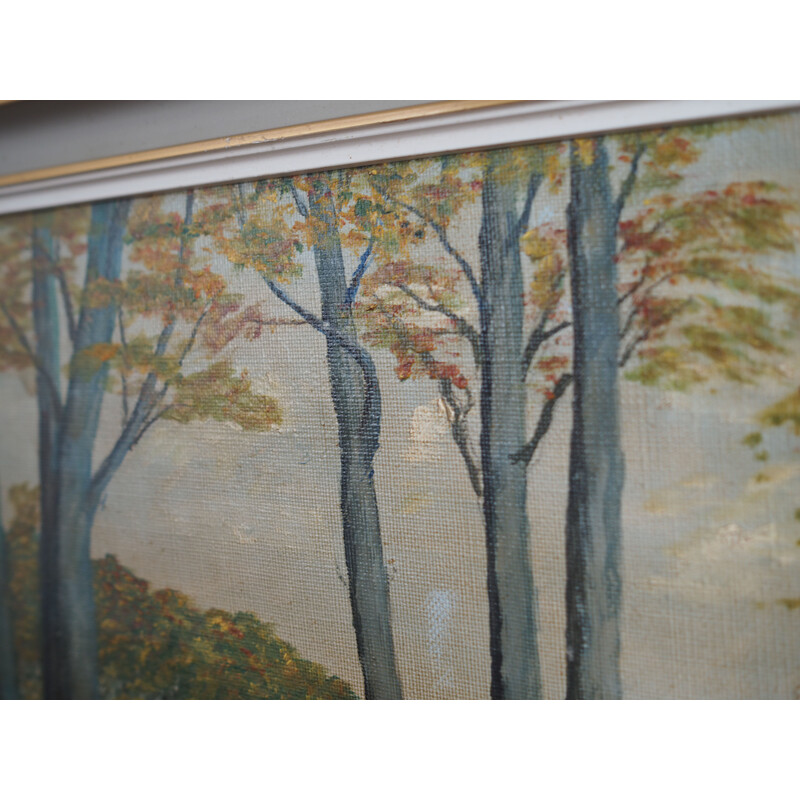 Scandinavian vintage painting "The road to the forest" with wooden frame, 1960s