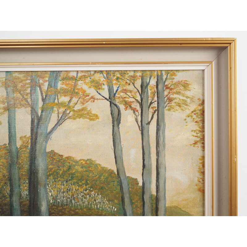 Scandinavian vintage painting "The road to the forest" with wooden frame, 1960s