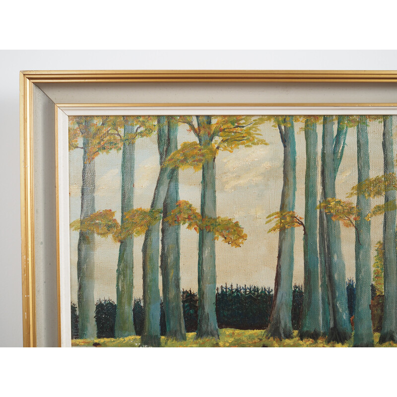 Scandinavian vintage painting "The road to the forest" with wooden frame, 1960s