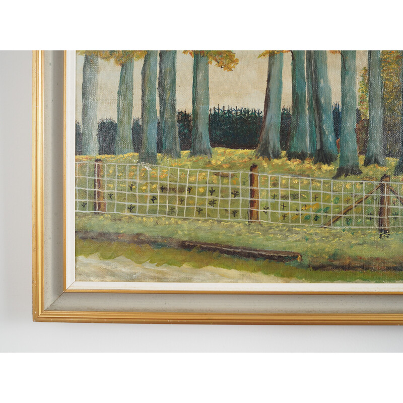 Quadro vintage scandinavo "La strada per la foresta" con cornice in legno, anni '60