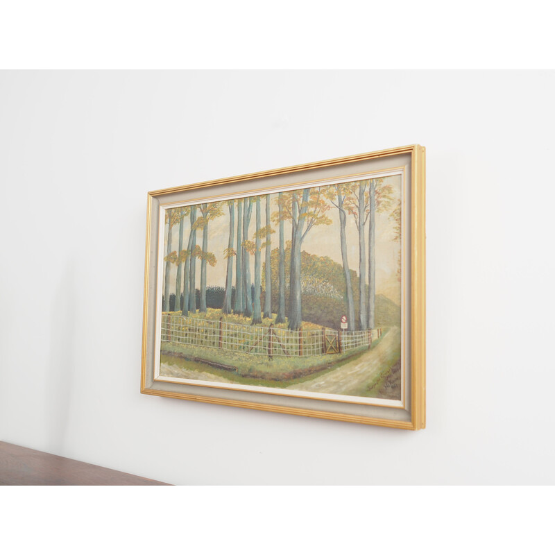 Tableau vintage scandinave "La route de la forêt" avec cadre en bois, 1960