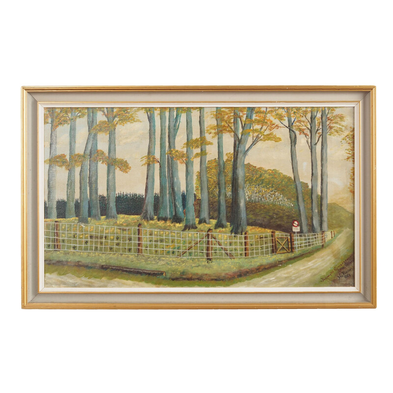 Scandinavian vintage painting "The road to the forest" with wooden frame, 1960s