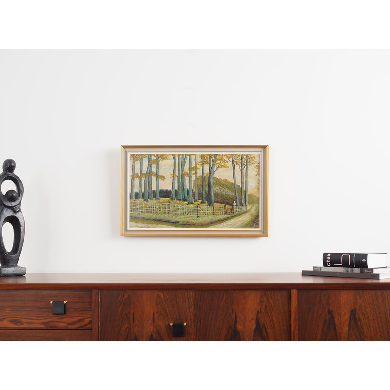 Scandinavian vintage painting "The road to the forest" with wooden frame, 1960s