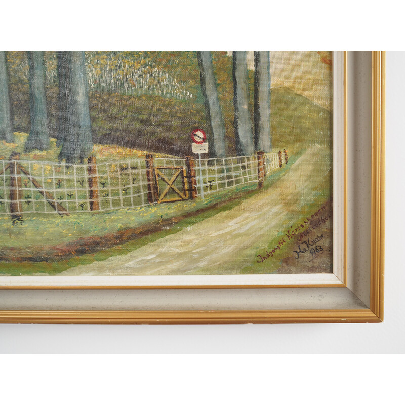 Scandinavian vintage painting "The road to the forest" with wooden frame, 1960s