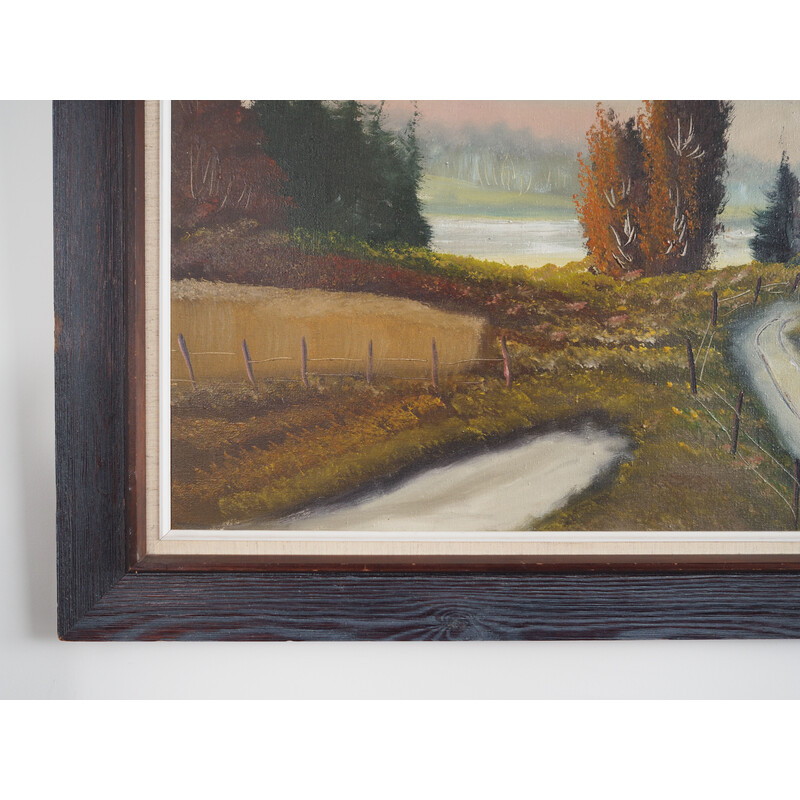 Scandinavian vintage painting "The Farmhouse on the Side" with wooden frame, 1970s