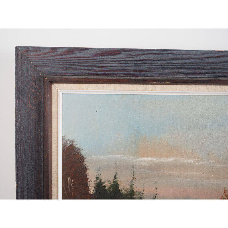 Scandinavian vintage painting "The Farmhouse on the Side" with wooden frame, 1970s