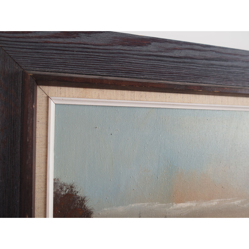 Quadro vintage scandinavo "The Farmhouse on the Side" con cornice in legno, anni '70