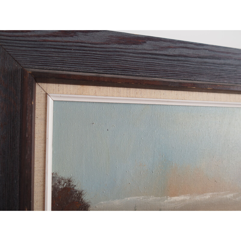 Scandinavian vintage painting "The Farmhouse on the Side" with wooden frame, 1970s