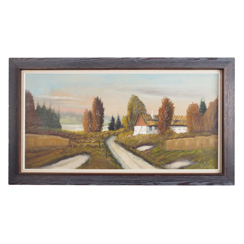 Scandinavian vintage painting "The Farmhouse on the Side" with wooden frame, 1970s