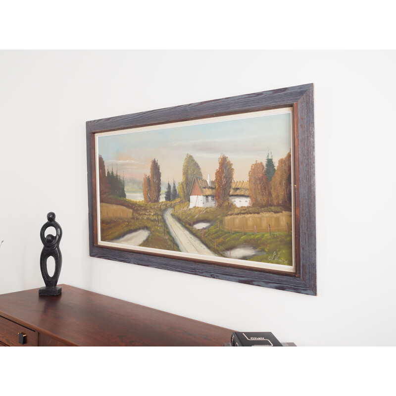 Scandinavian vintage painting "The Farmhouse on the Side" with wooden frame, 1970s