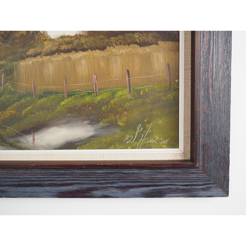 Scandinavian vintage painting "The Farmhouse on the Side" with wooden frame, 1970s