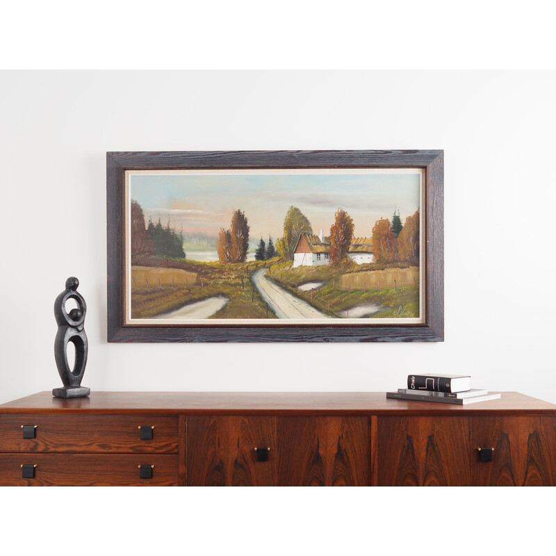 Quadro vintage scandinavo "The Farmhouse on the Side" con cornice in legno, anni '70