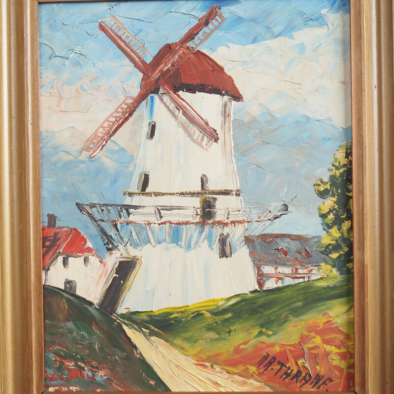 Peinture vintage scandinave "Le moulin à vent coloré" par Aage Verner Thrane