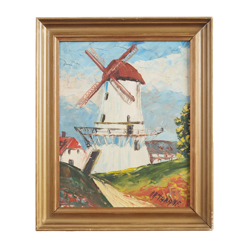 Scandinavisch vintage schilderij "De kleurrijke windmolen" door Aage Verner Thrane