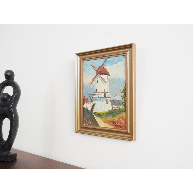 Scandinavian vintage painting "The colorful windmill" by Aage Verner Thrane