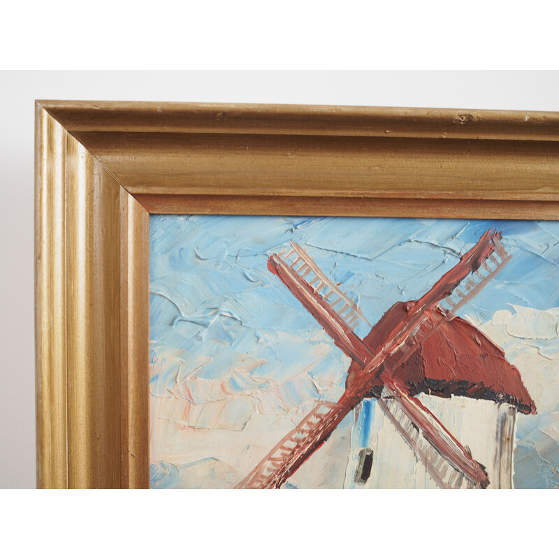 Quadro vintage scandinavo "Il mulino a vento colorato" di Aage Verner Thrane