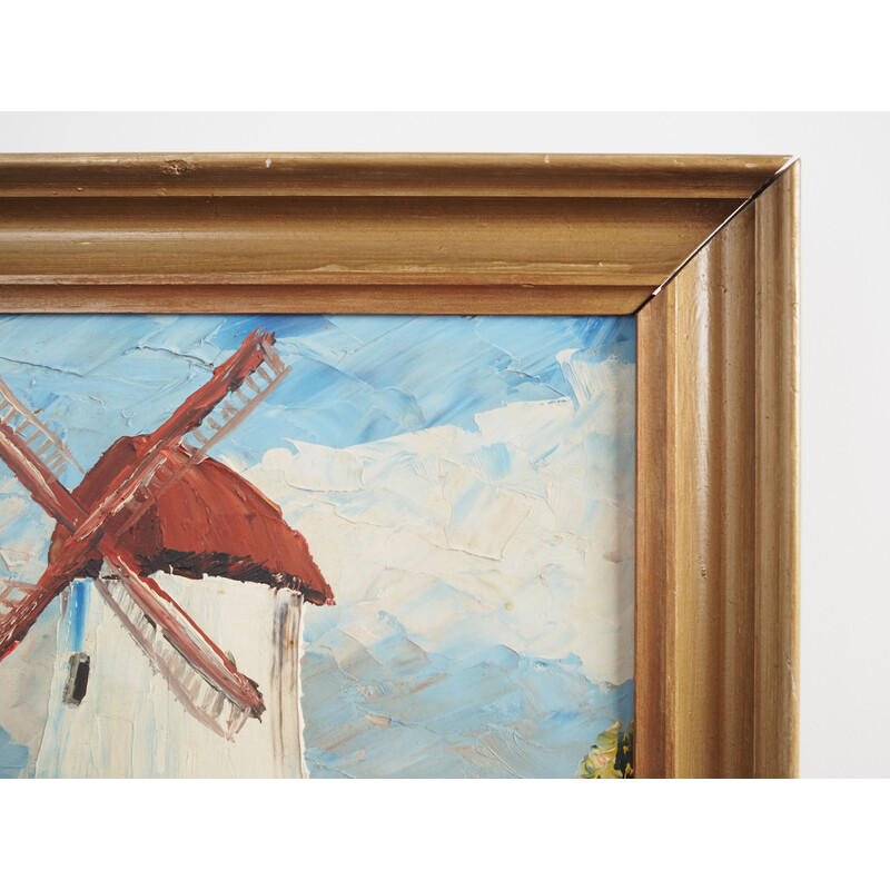 Peinture vintage scandinave "Le moulin à vent coloré" par Aage Verner Thrane