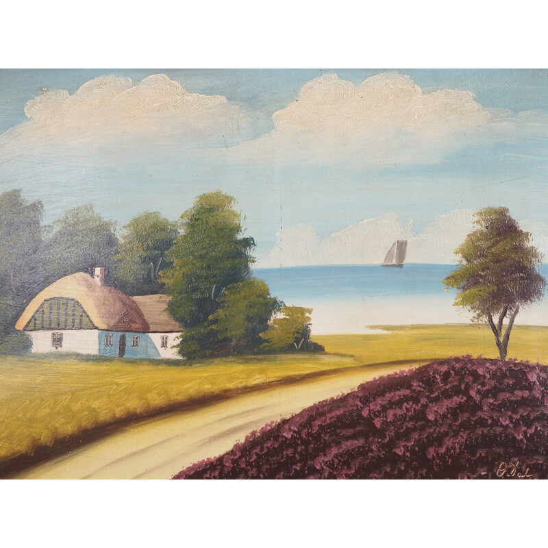 Scandinavian vintage painting "The Hut by the Sea", 1970s