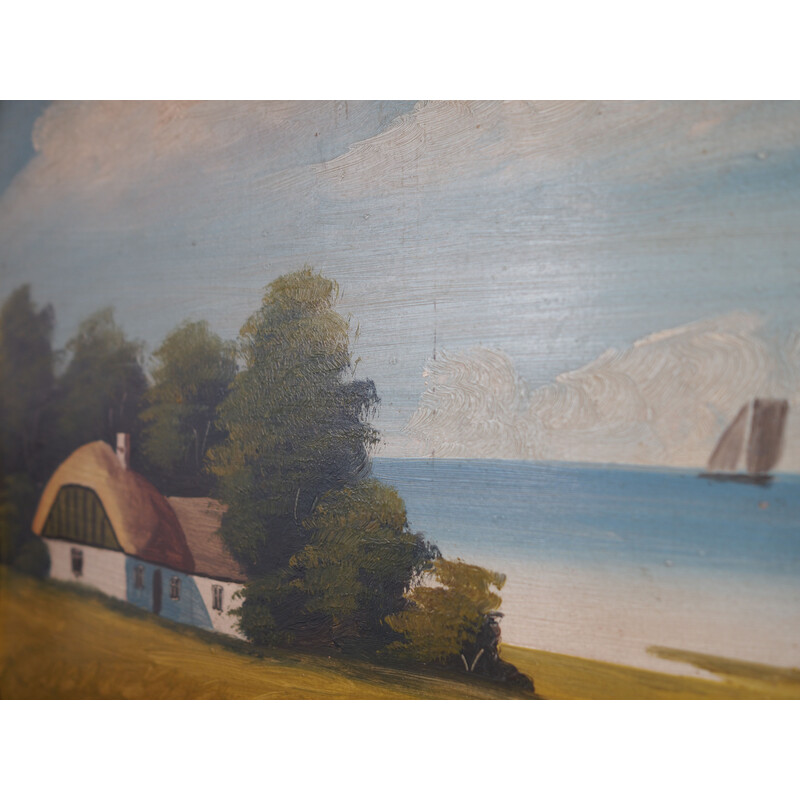 Scandinavisch vintage schilderij "De hut aan zee", 1970