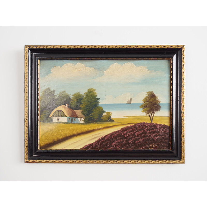 Scandinavisch vintage schilderij "De hut aan zee", 1970