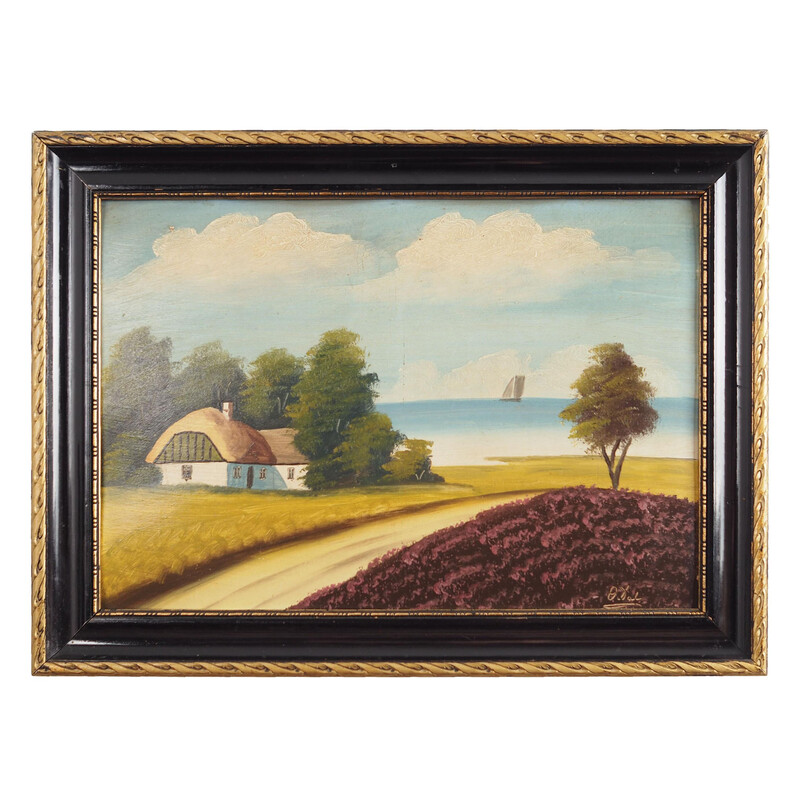 Scandinavisch vintage schilderij "De hut aan zee", 1970