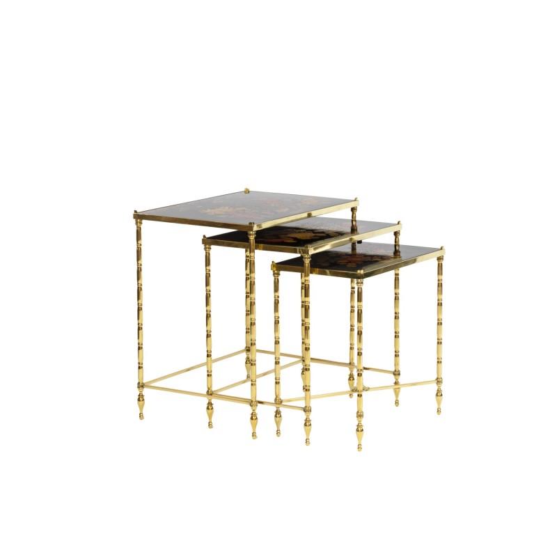 Vintage nesting tables in black lacquer and golden brass, France 1970s