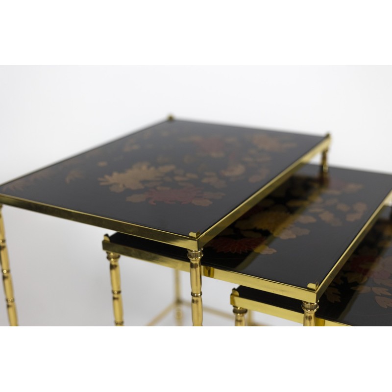 Vintage nesting tables in black lacquer and golden brass, France 1970s