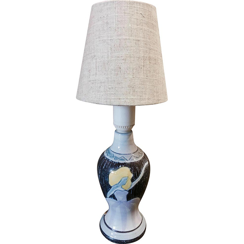 Vintage Scandinavian lamp in ceramic, enamel and linen, 1960s