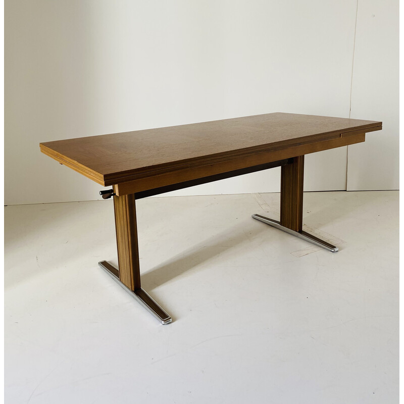 Table basse vintage extensible en bois plaqué et chrome, Italie 1970