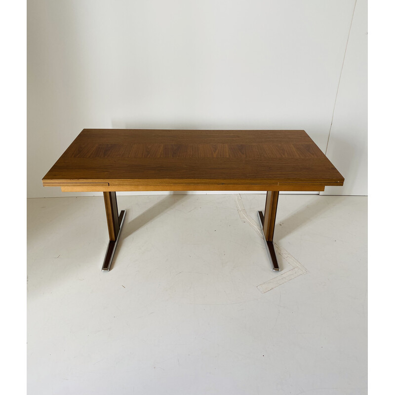 Table basse vintage extensible en bois plaqué et chrome, Italie 1970