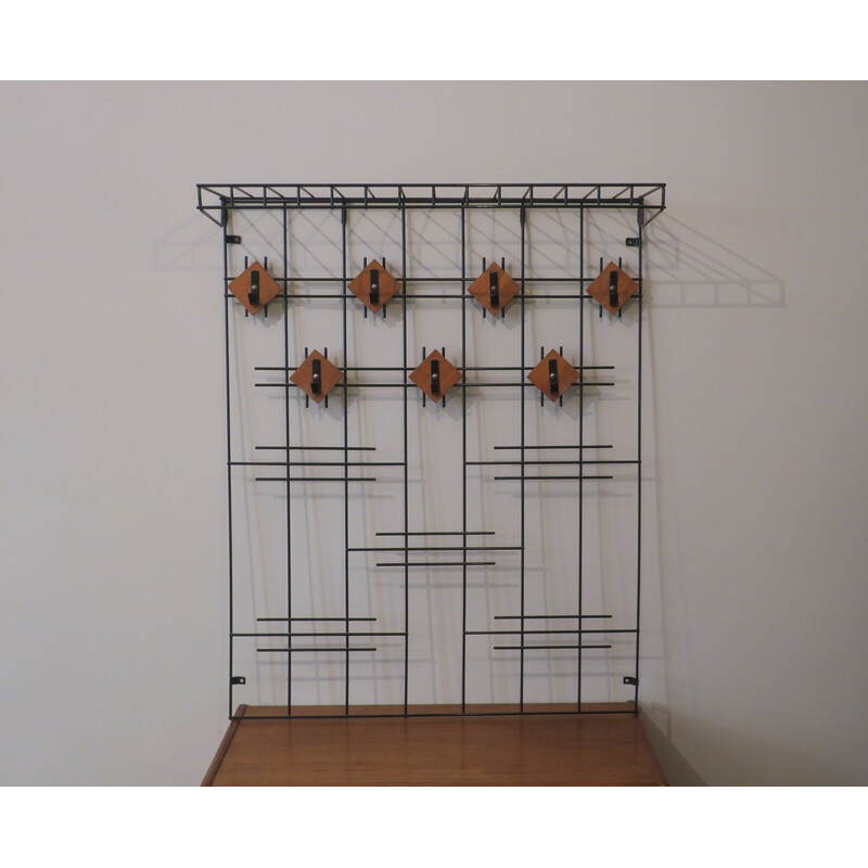 Vintage coat rack with hat rack in teak and black metal, Denmark 1960s