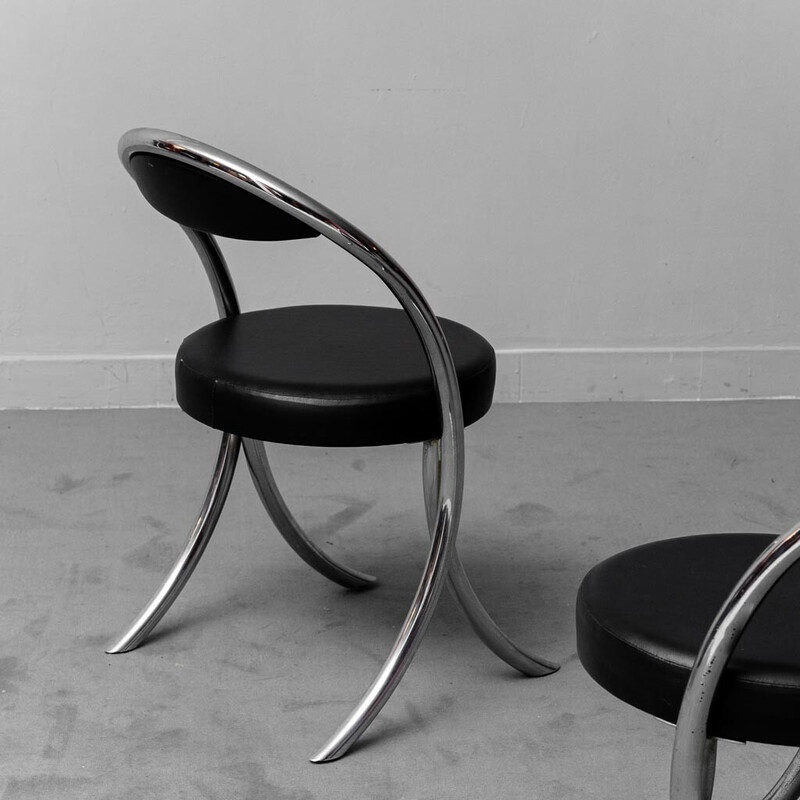 Conjunto de 6 cadeiras vintage em metal cromado e couro preto falso, 1970
